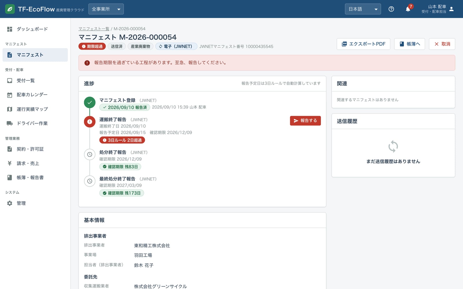 マニフェスト詳細画面。登録・運搬終了・処分終了・最終処分終了の進捗タイムラインと、期限超過の警告を表示