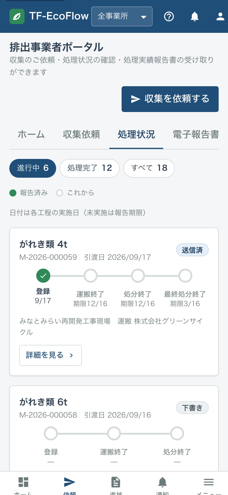 スマートフォンの排出事業者ポータル。委託した案件ごとに登録・運搬終了・処分終了・最終処分終了の進捗を表示