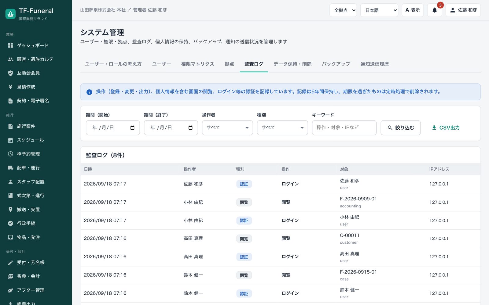 システム管理の監査ログタブ。操作・個人情報を含む画面の閲覧・認証を記録し5年間保持する旨の説明と、日時・操作者・種別・操作・対象・IPアドレスの一覧、CSV出力ボタンを表示