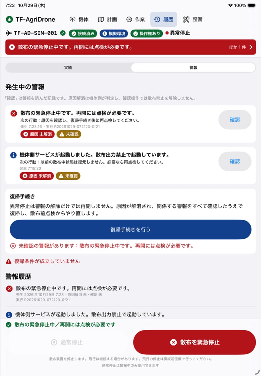 警報と復帰手続きの画面。未確認の警報があるため復帰条件が成立していないことを表示